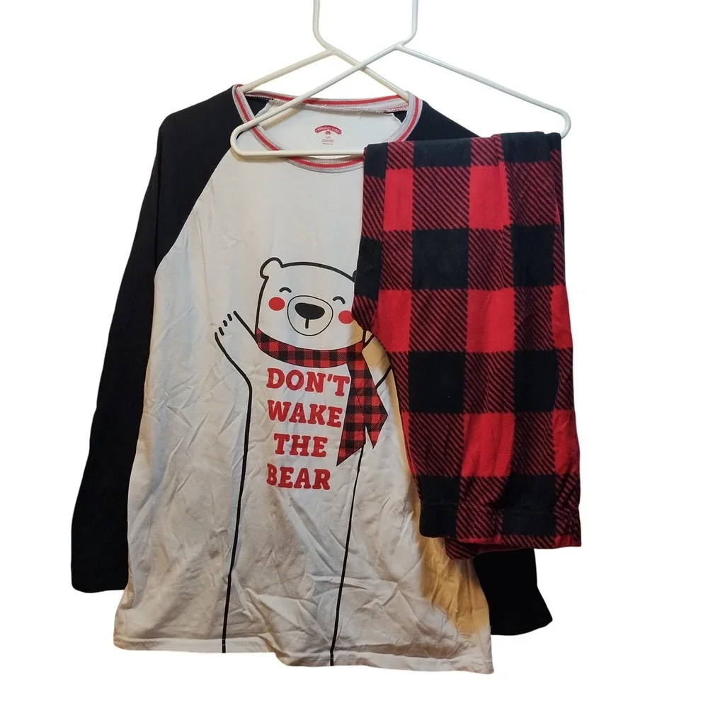Holiday Time Women Pajama Set LG Dont Wake Bear Plaid Long Sleeve Pant Sleepwear